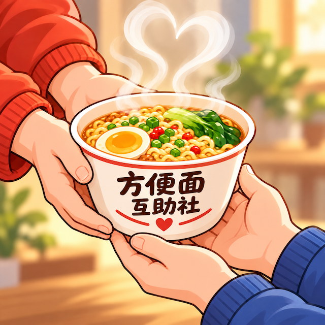 双手捧着一碗热气腾腾的方便面，碗身写着“方便面互助社”，热气袅袅升起